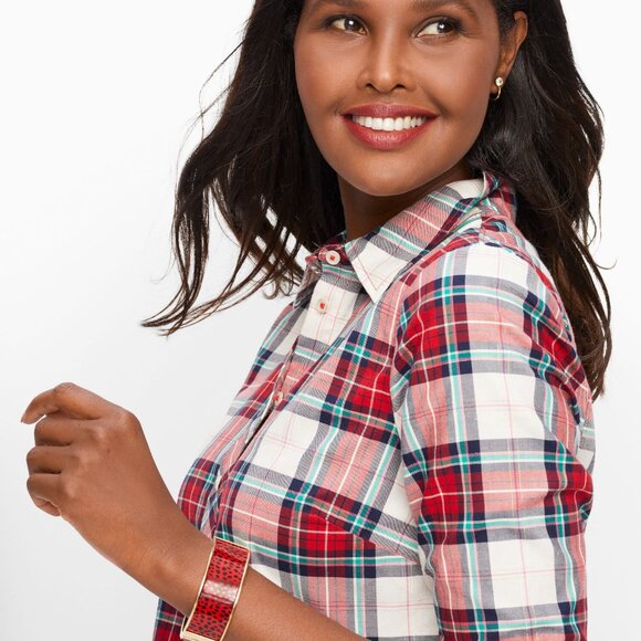 TALBOTS Plus SZ 1X Classic Cotton Button Shirt - Party Plaid - Red, Green, Gold - Picture 5 of 11